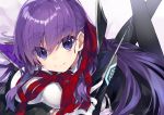  1girl bb_(fate/extra_ccc) black_legwear commentary_request fate/extra fate/extra_ccc fate_(series) gloves hair_ribbon holding holding_wand kou_mashiro long_hair looking_at_viewer lying on_stomach pantyhose purple_hair ribbon smile solo violet_eyes wand white_gloves 