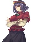 1girl commentary_request crossed_arms hair_ornament mirror purple_hair red_eyes rope shimenawa short_hair skirt solo terrajin touhou white_background yasaka_kanako