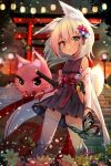  1girl animal_ears blue_dress brown_eyes bug butterfly detached_sleeves dress flower fox_ears fox_tail hair_flower hair_ornament highres insect lantern marisayaka original outdoors sheath sheathed short_dress short_hair silver_hair stairs sword tail thigh-highs torii weapon white_legwear 