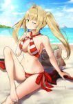  1girl ;) aestus_estus ahoge artoria_pendragon_(all) artoria_pendragon_(swimsuit_rider_alter) bag bare_arms bare_legs bare_shoulders barefoot beach bikini blonde_hair blue_sky blurry blurry_background blush breasts cleavage closed_mouth clouds collarbone commentary_request criss-cross_halter day depth_of_field fate/grand_order fate/stay_night fate_(series) fingernails green_eyes hair_intakes halterneck hand_up head_tilt horizon large_breasts long_hair looking_at_viewer navel nero_claudius_(fate)_(all) nero_claudius_(swimsuit_caster)_(fate) ocean one_eye_closed outdoors sand side-tie_bikini sidelocks sitting sky smile solo_focus striped striped_bikini swimsuit toenails twintails twitter_username tyone water 