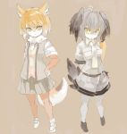 2girls animal_ears arms_behind_back bird_tail bird_wings blonde_hair collared_shirt commentary_request elbow_gloves fox_ears fox_tail fur_collar gloves grey_hair hand_on_hip head_wings jacket kemono_friends konabetate light_brown_hair multicolored_hair multiple_girls necktie pantyhose pleated_skirt shirt shoebill_(kemono_friends) short_hair short_sleeves shorts skirt tail tibetan_sand_fox_(kemono_friends) uniform vest white_hair wings 