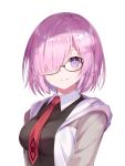  absurdres closed_mouth fate/grand_order fate_(series) glasses hair_over_one_eye highres hood hoodie mash_kyrielight necktie pink_hair red_neckwear sada_(sadahalu) simple_background smile violet_eyes white_background 