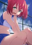  1girl :d bangs between_legs chain-link_fence clouds cloudy_sky commentary_request crop_top day eyebrows_visible_through_hair fence green_eyes gym_shorts hand_between_legs highres kurosawa_ruby looking_at_viewer love_live! love_live!_sunshine!! midriff navel open_mouth outdoors redhead round_teeth short_hair short_shorts shorts sitting sky smile solo sweat teeth track_uniform two_side_up upper_teeth yamaori_(yamaorimon) 