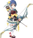  1girl archery arrow artist_request blue_hair blue_skirt bow_(weapon) brown_eyes flower full_body gloves hair_flower hair_ornament holding holding_arrow holding_bow_(weapon) holding_weapon kitsuki_(oshiro_project) kyuudou muneate official_art oshiro_project oshiro_project_re partly_fingerless_gloves quiver short_hair skirt smile transparent_background weapon yugake 