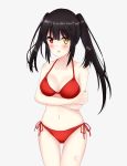  1girl :o alternate_costume asymmetrical_hair bikini black_hair blush breast_hold breasts cleavage clock_eyes collarbone cowboy_shot date_a_live dated gluteal_fold heterochromia highres looking_at_viewer medium_breasts navel open_mouth red_bikini red_eyes simple_background solo standing swimsuit symbol-shaped_pupils thigh_gap tokisaki_kurumi twintails white_background yellow_eyes 