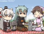  3girls @_@ amatsukaze_(kantai_collection) apron aqua_hair ascot blue_sky blush brown_dress brown_hair brown_legwear commentary_request curry curry_rice dated day detached_sleeves dress empty_eyes food gloves hair_ornament hairclip hamu_koutarou head_scarf headgear hiei_(kantai_collection) kantai_collection long_hair multiple_girls nontraditional_miko outdoors picnic pot rensouhou-kun ribbon-trimmed_sleeves ribbon_trim rice sailor_dress short_hair sky smile sparkle suzuya_(kantai_collection) sweat thigh-highs trembling two_side_up white_gloves 