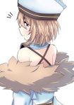  1girl back bare_shoulders blanc blue_eyes blush brown_hair from_behind fur_trim hat looking_at_viewer looking_back neptune_(series) open_mouth short_hair solo standing warabi_mochi_(ehimedaisuki) 