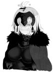  ahoge ahoge_wag blush bob_cut breasts chains coat commentary commentary_request expressive_hair fate/grand_order fate_(series) greyscale highres jeanne_d&#039;arc_(alter)_(fate) jeanne_d&#039;arc_(fate)_(all) monochrome tanuki_(siutkm0228) upper_body 