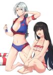  2girls :o adapted_costume arm_up armband armpits ass bare_arms bare_legs bare_shoulders barefoot bikini black_hair blue_bikini blue_eyes braid breasts cleavage collarbone commentary_request frilled_bikini frills full_body halterneck highres holding houraisan_kaguya hsin indian_style innertube kneeling large_breasts long_hair looking_at_another lotion multicolored multicolored_bikini multicolored_clothes multiple_girls navel no_headwear open_mouth parted_lips pink_bikini red_bikini red_eyes silver_hair simple_background sitting small_breasts stomach sunscreen swimsuit thighs touhou under_boob very_long_hair white_background yagokoro_eirin 