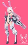  1girl :3 animal_ears armor armpits bangs breasts chains collar elbow_gloves eyebrows_visible_through_hair floating_hair full_body gloves gradient gradient_gloves heart highres long_hair looking_at_viewer makadamixa mecha_musume mechanical_legs mechanical_parts middle_finger original pink_background pink_eyes pubic_tattoo rabbit_ears small_breasts tattoo very_long_hair visible_ears weapon whistle white_hair x_x 