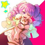  1girl blush cape cosplay dress elbow_gloves fire_emblem fire_emblem:_rekka_no_ken fire_emblem:_seima_no_kouseki fire_emblem_heroes gloves green_eyes green_hair hzk_(ice17moon) l&#039;arachel long_hair looking_at_viewer one_eye_closed open_mouth pink_hair serra smile solo staff twintails violet_eyes 