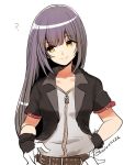  1girl ? bangs belt belt_buckle black_jacket breasts buckle closed_mouth collarbone cropped_jacket eyebrows_visible_through_hair hand_on_hip head_tilt jacket kingdom_hearts kingdom_hearts_unchained_x long_hair medium_breasts mizu_ramen open_clothes open_jacket orange_eyes purple_hair short_sleeves simple_background skuld_(kingdom_hearts) smile solo straight_hair twitter_username upper_body white_background zipper zipper_pull_tab 