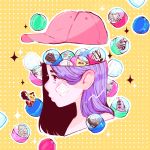  1girl absurdres bandaid bandaid_on_face baseball_cap blush crisalys expressionless facing_to_the_side hat highres lavender_hair long_hair original portrait profile shoes shoes_removed sneakers solo yellow_background 