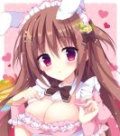  1girl :o animal_ears bangs black_bow blush bow breast_poke breasts brown_hair cleavage commentary_request detached_collar eyebrows_visible_through_hair flower food frills fruit hair_bow hair_flower hair_ornament hairpin hands_up heart holding izuminanase large_breasts long_hair macaron maid nail_polish original pancake pink_background pink_nails poking polka_dot polka_dot_background rabbit_ears solo strawberry two_side_up upper_body violet_eyes wrist_cuffs 