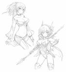  breasts character_request cleavage commentary_request dragoon_(final_fantasy) final_fantasy kara_(color) leotard looking_at_viewer monochrome multiple_girls polearm short_hair smile spear weapon 