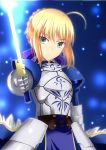  1girl ahoge armor armored_dress artoria_pendragon_(all) blonde_hair blue_background braid breastplate excalibur fate/stay_night fate_(series) french_braid gauntlets green_eyes hera_(hara0742) highres holding holding_sword holding_weapon looking_at_viewer saber sidelocks solo sword weapon 
