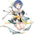 1girl ;o archery arrow artist_request bare_shoulders blue_hair blue_skirt bow_(weapon) broken broken_weapon brown_eyes covering covering_breasts flower full_body gloves hair_flower hair_ornament kitsuki_(oshiro_project) kyuudou official_art one_eye_closed oshiro_project oshiro_project_re partly_fingerless_gloves short_hair skirt tearing_up torn_clothes transparent_background weapon yugake 