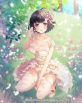  1girl :d between_legs black_hair blue_sky blush bracelet breasts bride choker cleavage clenched_hand collarbone dress earrings flower full_body grass hair_flower hair_ornament hand_between_legs hand_up high_heels highres ichigo_seika jewelry konohana_sakuya_(venus_rumble) large_breasts looking_at_viewer official_art open_mouth outdoors sandals short_hair sky smile solo squatting thigh-highs venus_rumble violet_eyes white_choker white_dress white_footwear white_legwear 