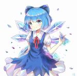  1girl absurdres blue_dress blue_eyes blue_hair cirno crystal dress fairy fairy_wings highres holding_object liuli88 looking_at_viewer puffy_short_sleeves puffy_sleeves short_hair short_sleeves simple_background smile touhou white_background wings 