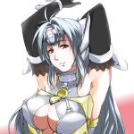  1girl absurdres android armpits blue_hair breasts cleavage commentary_request cyborg forehead_protector highres kos-mos large_breasts long_hair red_eyes saruanu solo xenosaga 