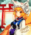  1girl blonde_hair commentary_request dress fox_tail frills hands_in_opposite_sleeves hat multiple_tails multiple_torii ofuda orange_eyes pillow_hat qqqrinkappp shikishi short_hair smile tabard tail touhou traditional_media yakumo_ran 