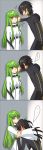  1boy 1girl 3koma bangs breasts brown_hair c.c. code_geass comic commentary_request couple creayus embarrassed eyebrows_visible_through_hair green_hair hand_on_another&#039;s_head head_tilt hetero highres hug lelouch_lamperouge long_hair long_sleeves looking_at_another medium_breasts open_mouth school_uniform short_hair sidelocks silent_comic standing wall_slam wide_sleeves yellow_eyes 
