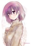  1girl bangs casual closed_mouth commentary_request eyebrows_visible_through_hair from_side long_sleeves looking_at_viewer miyanaga_teru nakasawa_kei red_eyes redhead ribbed_sweater saki short_hair smile solo standing sweater turtleneck twitter_username yellow_sweater 