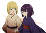  1boy 1girl blonde_hair child closed_eyes commentary_request fate/apocrypha fate/grand_order fate_(series) horns japanese_clothes kaikodou_kana kimono oni oni_horns open_mouth purple_hair sakata_kintoki_(fate/grand_order) short_hair shuten_douji_(fate/grand_order) smile younger 