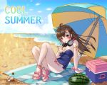  1girl 2018 ahoge arm_support armlet bangs bare_legs bare_shoulders beach blue_bow blue_sky blue_swimsuit body_writing bottle bow bow_footwear breasts brown_eyes brown_hair character_name clouds cup d.va_(overwatch) dated day drink drinking drinking_glass drinking_straw english eyelashes facepaint facial_mark fingernails floating_hair food fruit full_body glint hair_between_eyes hair_ornament hairclip hand_up headphones headphones_around_neck high_heels highres holding holding_drinking_glass ice_block jewelry knees_up legs lemonade letter long_fingernails long_hair looking_at_viewer medium_breasts nail_polish ocean outdoors overwatch pink_bow pink_legwear pink_nails pink_ribbon pinky_out ribbon sand shell sitting sky solo strapless strapless_swimsuit strappy_heels swimsuit tikeworld toeless_legwear toenail_polish toenails toes water watermelon whisker_markings wind wrist_ribbon 