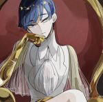  1other androgynous bangs blue_eyes blue_hair blunt_bangs chin_rest expressionless golden_arms heterochromia houseki_no_kuni looking_at_viewer necktie phosphophyllite phosphophyllite_(ll) see-through short_hair shumiko_(kamenokoueki) sitting solo spoilers thick_eyebrows throne white_eyes 