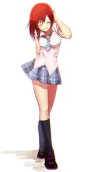  1girl arm_behind_back bangs bare_arms black_footwear black_legwear blue_neckwear blue_skirt chromatic_aberration collared_shirt full_body grin hair_between_eyes hand_on_head kairi_(kingdom_hearts) kingdom_hearts kingdom_hearts_ii legs_crossed loafers long_hair miniskirt mizu_ramen necktie plaid plaid_neckwear plaid_skirt redhead shirt shoes short_necktie signature simple_background skirt smile socks solo watson_cross white_background white_shirt 