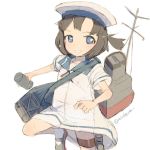  1girl alchera black_hair blue_eyes blue_sailor_collar daitou_(kantai_collection) depth_charge dress grin hat kantai_collection looking_at_viewer machinery mast ponytail sailor_collar sailor_dress sailor_hat short_hair short_sleeves simple_background smile smokestack solo standing standing_on_one_leg white_background white_hat 