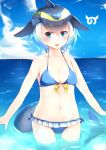 1girl :d absurdres bare_shoulders bikini black_hair blonde_hair blue_bikini blue_eyes blue_sky blush breasts collarbone commentary common_dolphin_(kemono_friends) day dolphin_tail fins groin hair_between_eyes highres japari_symbol kanzakietc kemono_friends looking_at_viewer multicolored_hair navel open_mouth outdoors sky small_breasts smile solo swimsuit tail water white_background