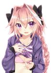  1boy :d astolfo_(fate) bangs black_bow black_ribbon blush bow bra braid breast_pocket commentary_request eyebrows_visible_through_hair eyes_visible_through_hair fang fate/apocrypha fate_(series) hair_between_eyes hair_bow hair_intakes hair_ribbon hand_on_own_chest hands_up head_tilt hood hood_down hoodie long_hair long_sleeves looking_at_viewer male_focus multicolored_hair nekomiya_noru_(yuduki710) open_clothes open_hoodie open_mouth pink_bra pink_hair pocket purple_hoodie purple_shirt ribbon shiny shiny_hair shirt shirt_lift simple_background single_braid smile solo streaked_hair striped striped_shirt trap underwear upper_body violet_eyes white_background white_hair white_shirt 