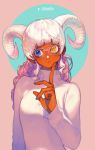  1girl blue_eyes braid commentary_request dark_skin finger_to_chin glasses heterochromia horns long_hair nail_polish original pigeon666 pink-framed_eyewear signature simple_background solo turtleneck twin_braids white_hair yellow_eyes 