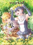  2girls animal_ears belt blonde_hair blue_eyes bow bowtie commentary_request elbow_gloves eyebrows_visible_through_hair fingerless_gloves flower fur_collar gloves grey_hair head_wreath jaguar_(kemono_friends) jaguar_ears jaguar_print jaguar_tail kemono_friends multicolored_hair multiple_girls nun_lily one-piece_swimsuit otter_ears otter_tail short_hair short_sleeves skirt small-clawed_otter_(kemono_friends) sweatdrop swimsuit tail thigh-highs translated wavy_mouth white_hair yellow_eyes 