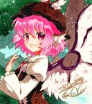  1girl :d animal_ears arm_garter brown_hat earrings feathered_wings fingernails frilled_sleeves frills from_side hat jewelry long_fingernails long_sleeves mystia_lorelei open_mouth pink_eyes pink_hair puffy_long_sleeves puffy_sleeves qqqrinkappp shikishi short_hair signature smile solo touhou traditional_media white_wings wide_sleeves winged_hat wings 