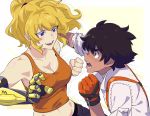  1boy 1girl absurdres black_hair blonde_hair breasts cleavage dark_skin dark_skinned_male dodging fighting freckles gloves highres ishmaiah_dado mechanical_arm motion_lines open_mouth orange_gloves orange_shirt oscar_pine prosthesis punching rwby shirt simple_background smile spoilers suspenders tank_top upper_body violet_eyes white_background white_shirt yang_xiao_long 