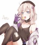  1girl aa-12_(girls_frontline) ahoge arm_support baggy_clothes bags_under_eyes bangs black_hat black_legwear black_shorts blue_eyes breasts candy character_name choker cleavage collarbone eyebrows_visible_through_hair food girls_frontline gloves hair_ornament hat holding holding_food lollipop medium_breasts open_mouth pantyhose parang saliva saliva_trail shorts sidelocks silver_hair simple_background sitting solo star star_hair_ornament tank_top tongue tongue_out torn_clothes torn_pantyhose white_background 