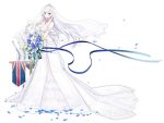  1girl azur_lane bare_shoulders belfast_(azur_lane) blue_eyes blue_ribbon blush bouquet breasts bridal_veil cleavage closed_mouth collarbone dress flower full_body highres holding holding_bouquet kisetsu large_breasts looking_at_viewer official_art ribbon smile solo tiara transparent_background veil wedding_dress white_dress white_hair 