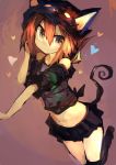  1girl :3 absurdres animal_ears bangs bare_shoulders black_shirt black_skirt brown_background brown_eyes brown_hair cat_ears cat_tail fake_animal_ears folded_ponytail hair_between_eyes hat heart highres inazuma_(kantai_collection) kaamin_(mariarose753) kantai_collection looking_at_viewer midriff off_shoulder over-kneehighs pleated_skirt shirt skirt smile solo tail thigh-highs tied_shirt 