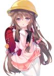  1girl animal_ears azur_lane backpack bag book brown_hair commentary crime_prevention_buzzer fumizuki_(azur_lane) hair_ribbon long_hair looking_at_viewer mayuzaki_yuu open_mouth pantyhose randoseru ribbon skirt skirt_lift solo tail violet_eyes white_background white_legwear 