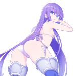  1girl arched_back ass bangs bikini blue_eyes blue_legwear breasts chan_co commentary_request cowboy_shot eyebrows_visible_through_hair fate/extra fate/extra_ccc fate/grand_order fate_(series) from_behind hair_ribbon leaning_forward long_hair looking_at_viewer looking_back meltlilith open_mouth purple_hair ribbon side-tie_bikini simple_background single_sidelock small_breasts swimsuit thigh-highs very_long_hair white_background white_bikini 