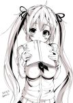  1girl ahoge blush book book_to_mouth copyright_request dated greyscale hair_ribbon holding holding_book long_hair long_sleeves looking_at_viewer mokufuu monochrome neckerchief ribbon simple_background solo twintails twitter_username white_background 