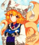  1girl animal_ears blonde_hair closed_mouth fox_tail frills hands_in_opposite_sleeves hat kitsune long_sleeves looking_at_viewer mob_cap orange_eyes qqqrinkappp shikishi short_hair signature slit_pupils solo tail touhou traditional_media upper_body yakumo_ran yellow_eyes 