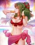  1girl arms_behind_head artist_name bare_shoulders bikini breasts chiki commentary day english_commentary fire_emblem fire_emblem:_kakusei fire_emblem:_mystery_of_the_emblem fire_emblem_heroes green_eyes green_hair hair_ribbon long_hair medium_breasts navel outdoors patreon_username pink_lady_mage pointy_ears ponytail profile red_bikini red_ribbon ribbon sarong shawl signature smile solo swimsuit thigh_gap 