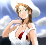  1girl ahoge breasts brown_hair cleavage clouds collarbone day green_eyes hat highres kakkii large_breasts long_hair mouth_hold off_shoulder original outdoors red_bikini_top shirt sideboob sleeveless sleeveless_shirt solo sun_hat under_boob upper_body white_hat white_shirt 