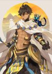  ahoge black_gloves brown_hair cape dark_skin dark_skinned_male earrings fate/grand_order fate_(series) gloves jewelry male_focus nitocris_(fate/grand_order) nitocris_(swimsuit_assassin)_(fate) on_shoulder ozymandias_(fate) pyramid shirabi shirtless smile sphinx_awlad staff sunset yellow_eyes 