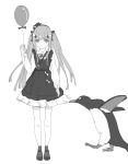  1girl aer7o animal balloon bird blush closed_mouth dress facial_mark girls_frontline greyscale hair_ornament hand_up highres hk416_(girls_frontline) holding holding_balloon long_hair long_sleeves looking_at_viewer monochrome mouth_hold penguin shirt shoes simple_background sketch sleeveless sleeveless_dress socks solo twintails very_long_hair white_background 