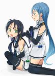  2girls annin_musou bangs black_gloves black_hair black_legwear blue_eyes blue_hair commentary_request elbow_gloves gloves gradient_hair green_eyes highres holding holding_hair indian_style kantai_collection kneeling long_hair low_twintails multicolored_hair multiple_girls neckerchief sailor_collar samidare_(kantai_collection) school_uniform serafuku shirt simple_background sitting sleeveless sleeveless_shirt suzukaze_(kantai_collection) swept_bangs thigh-highs twintails very_long_hair white_background 